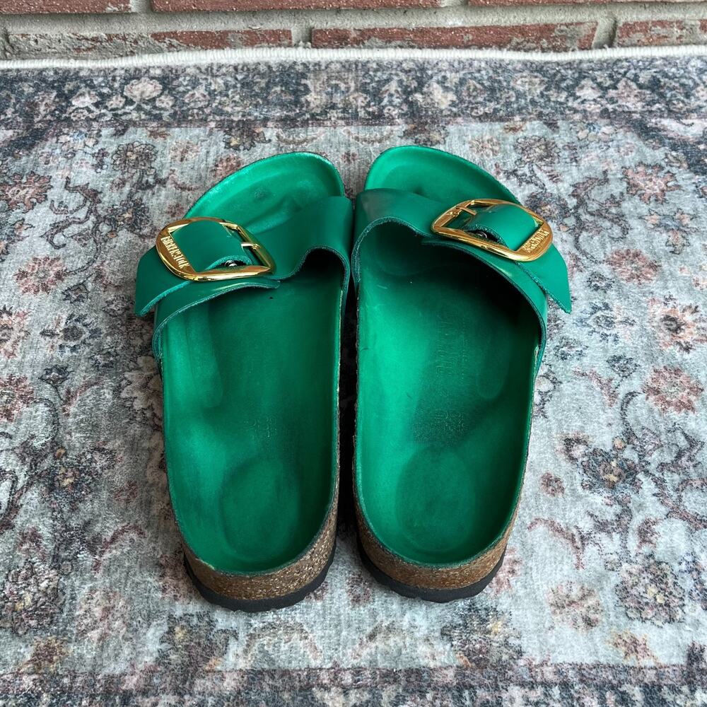Birkenstock Madrid Green Leather Slide Sandals / Women's 40 / Big Buckle Gold - Picture 5 of 10